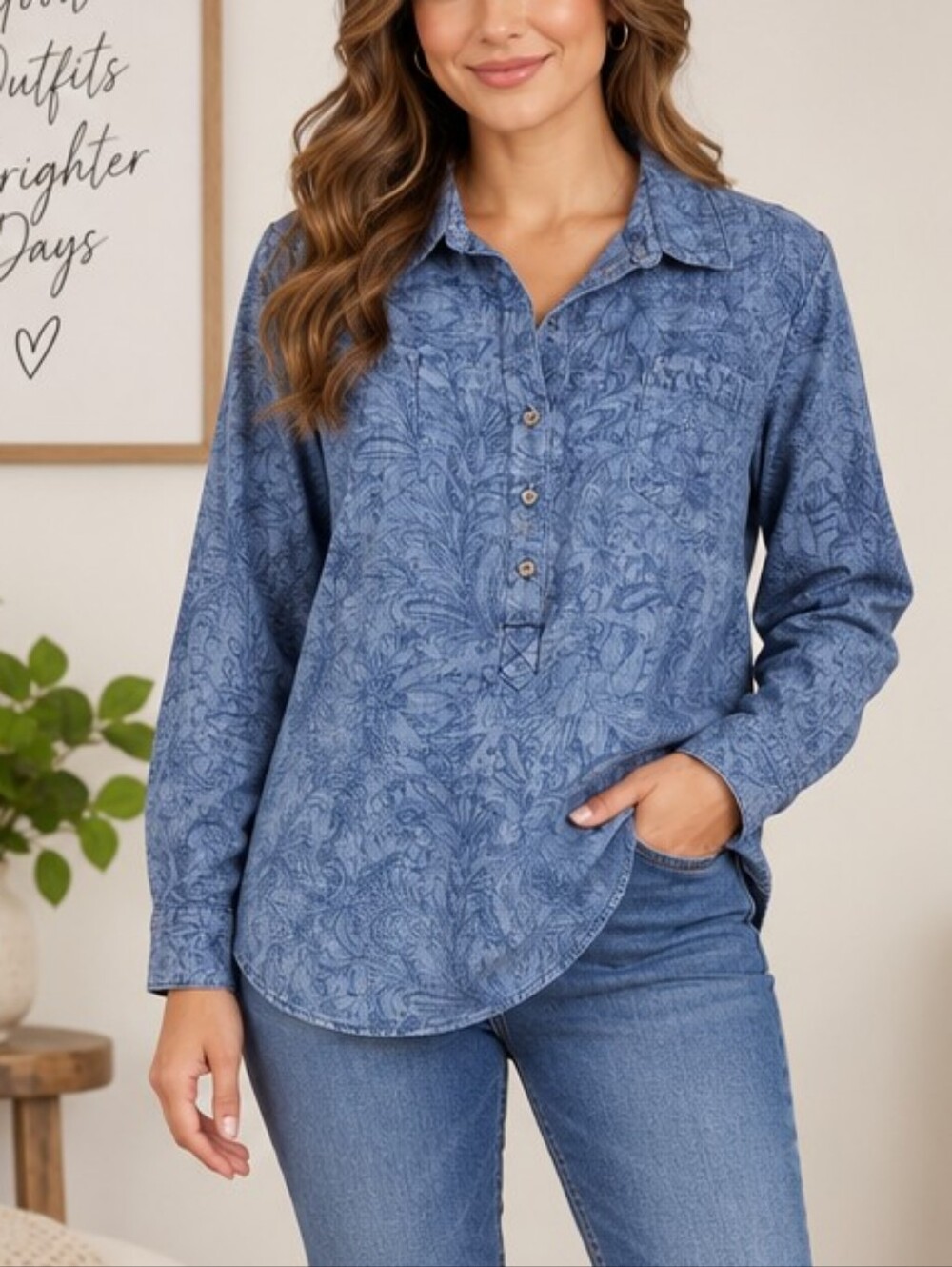 Liz Claiborne Blue Paisley Print Button-Up Top – Size L